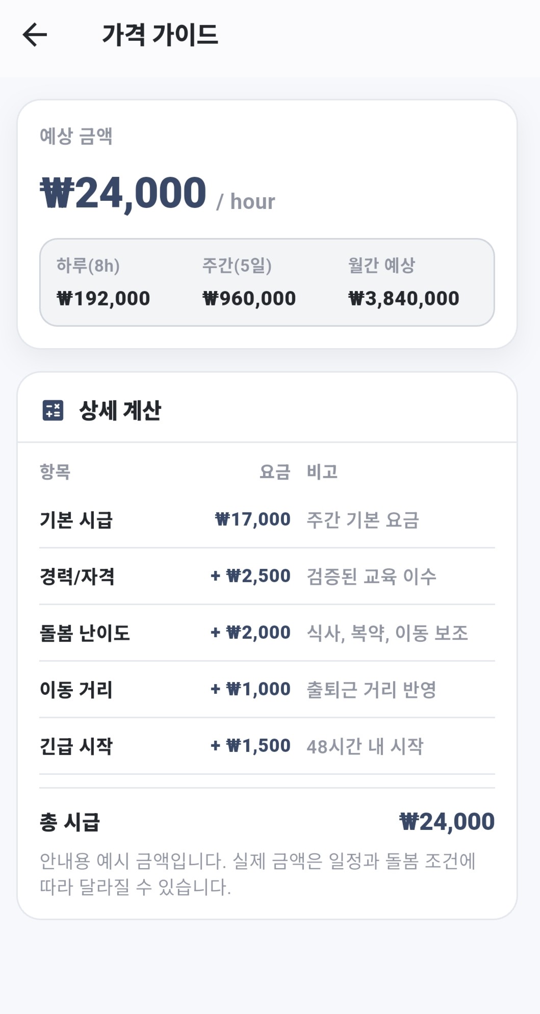 가격 설명 화면